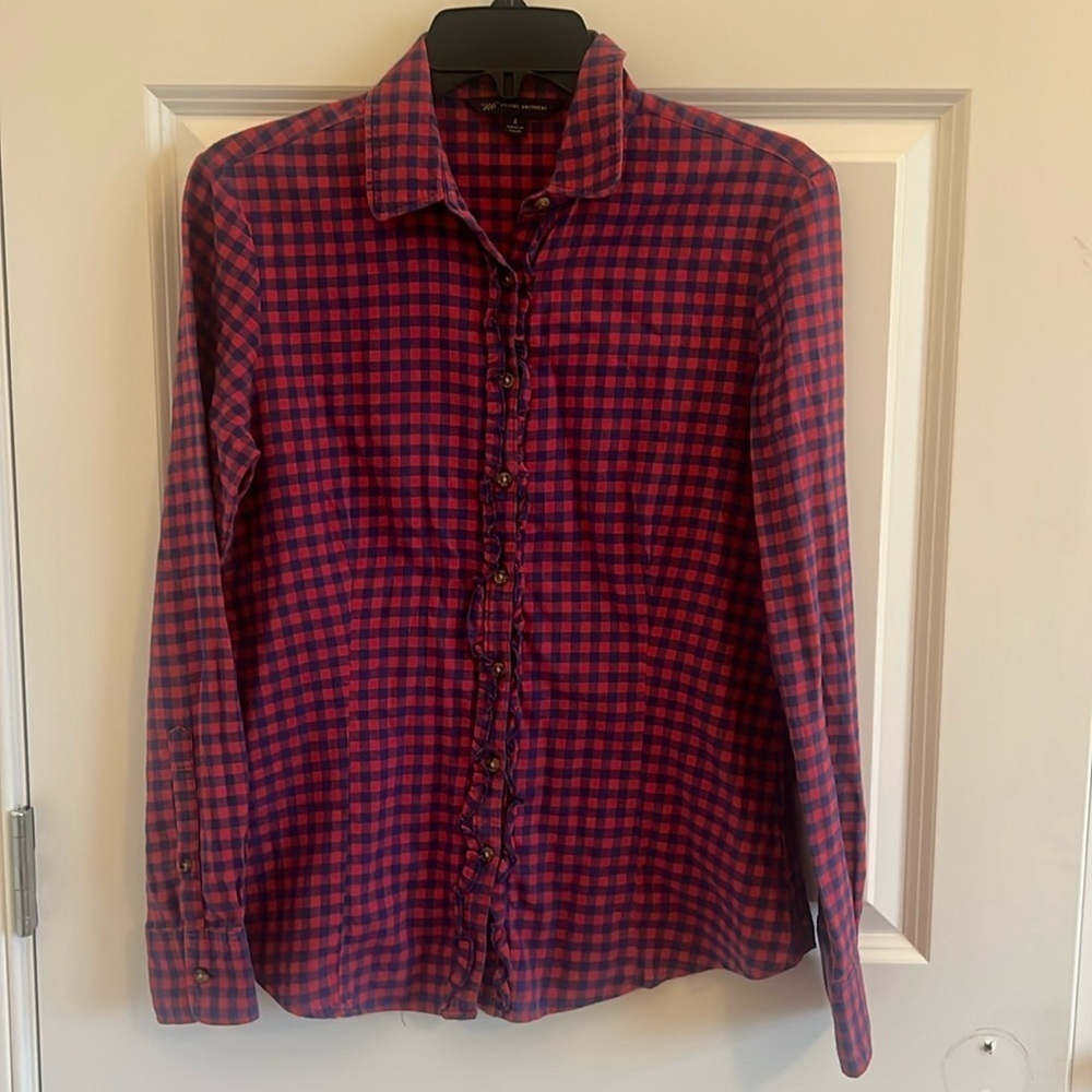Cotton Plaid Ruffled Shirt Red & Blue - Brooks Brothers Size 4